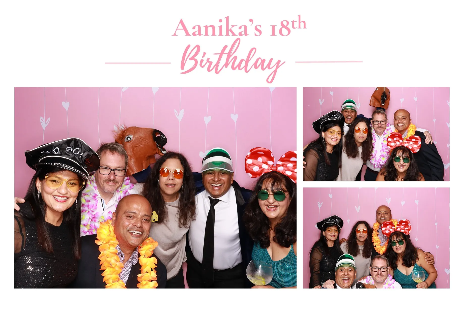 Group of friends celebrating Aanika's 18th Birthday with colorful props and a pink backdrop.