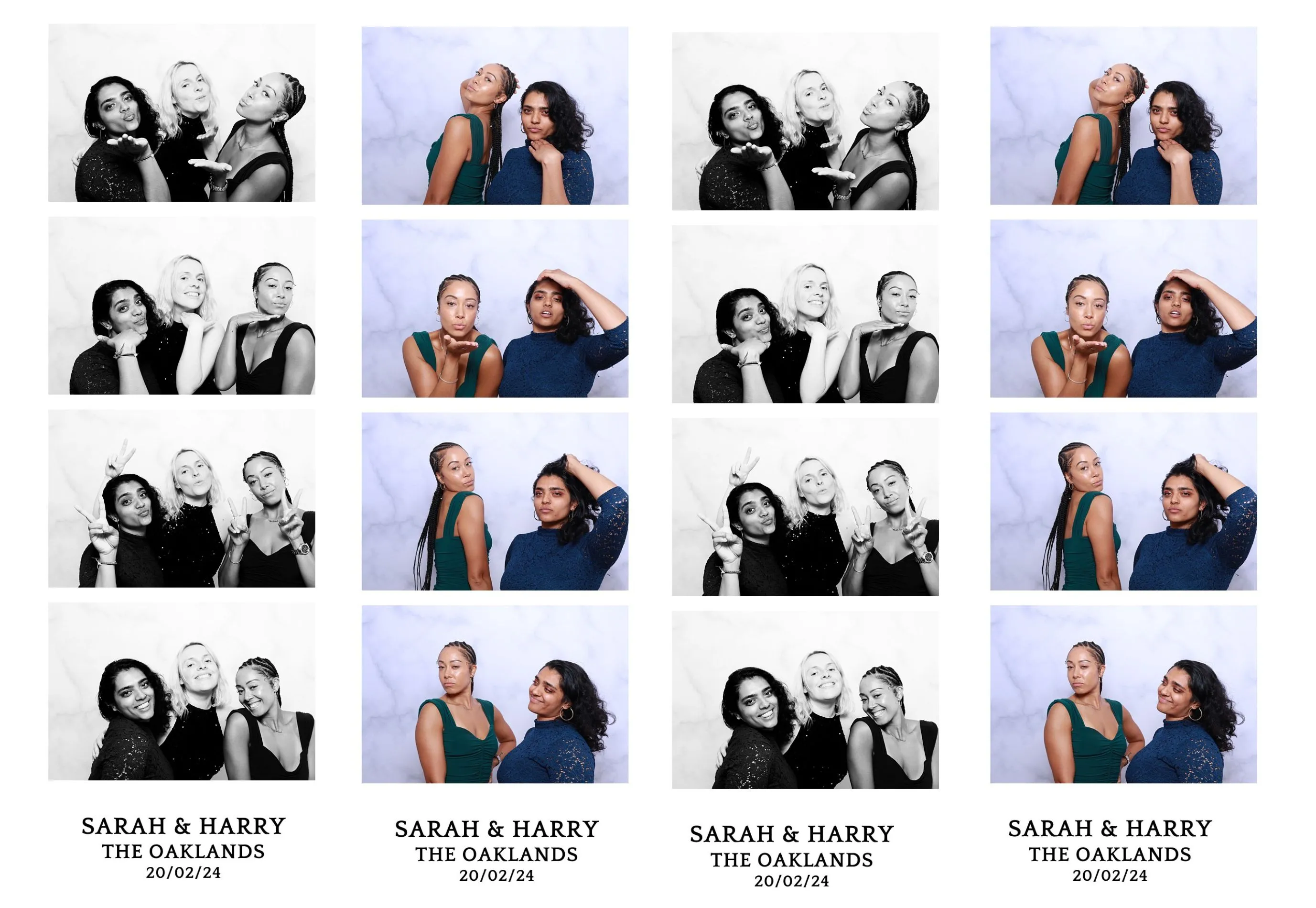Photo collage featuring friends posing in a mix of black and white and color, titled 'Sarah & Harry, The Oaklands, 20/02/24'.