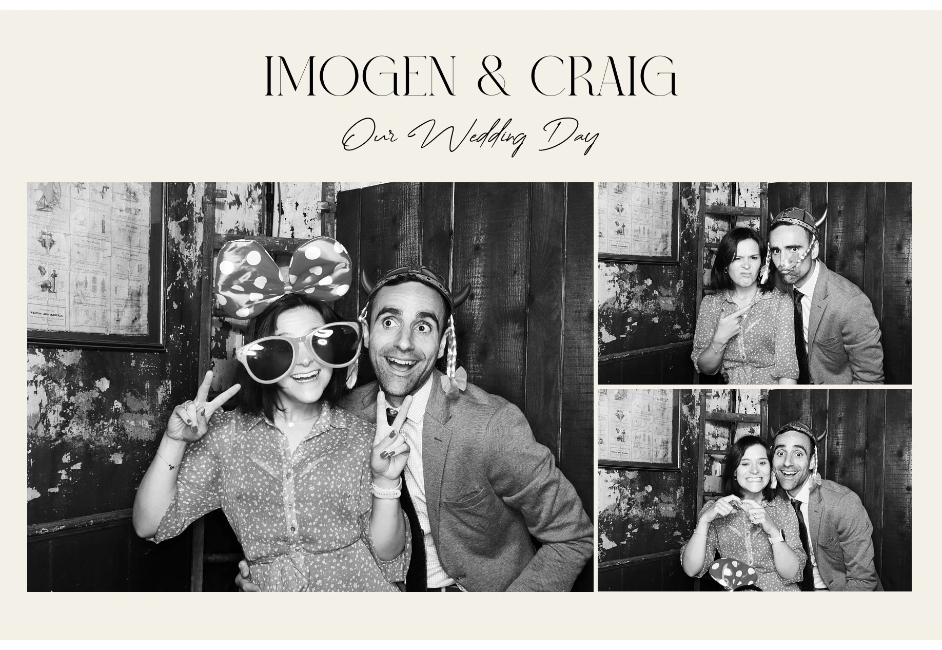 Two guests in black and white with playful props, titled 'Imogen & Craig, Our Wedding Day'.