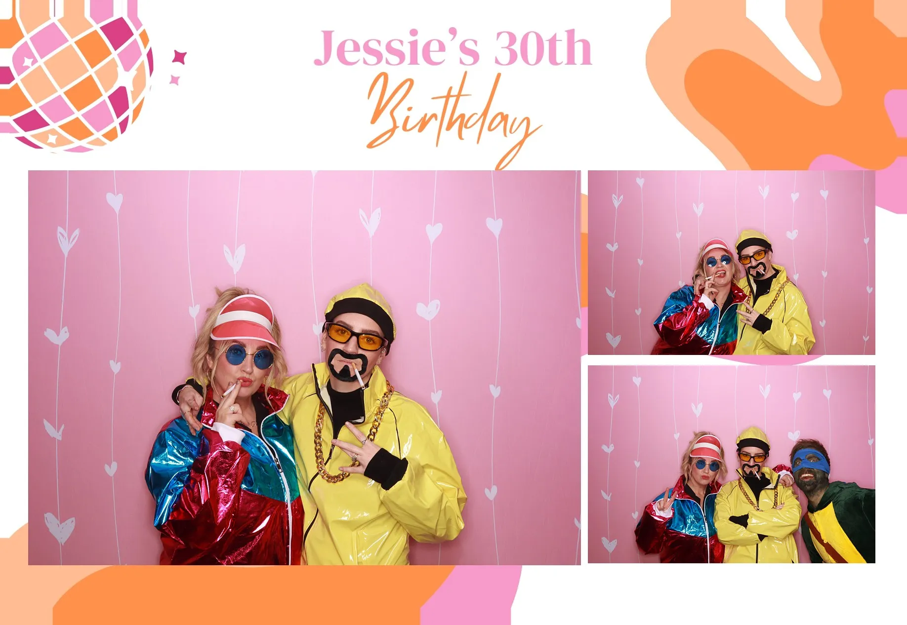 Guests in bright costumes and sunglasses posing in front of a pink backdrop for Jessie's 30th Birthday celebration.