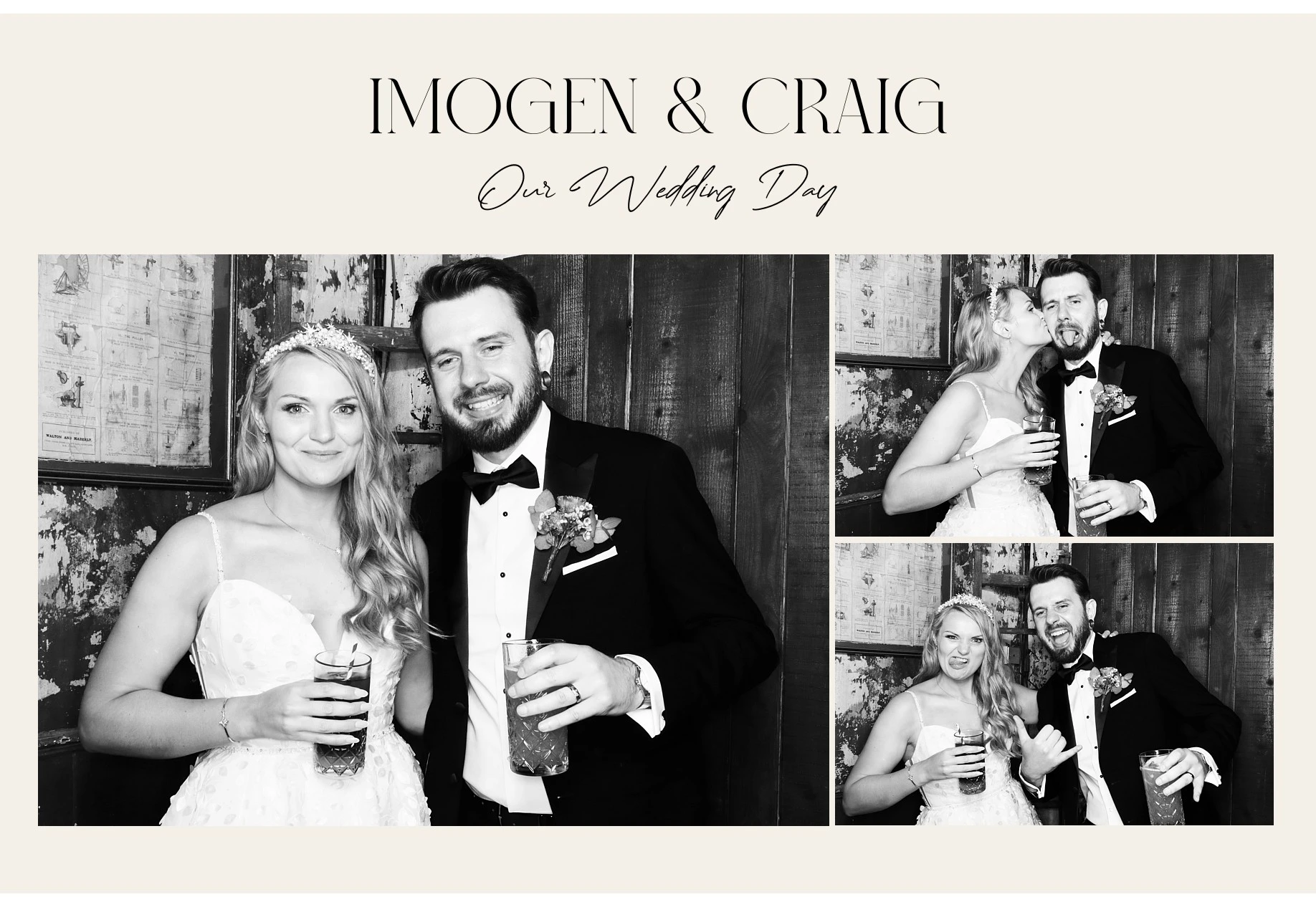Bride and groom celebrating Imogen & Craig's Wedding Day in black and white with rustic decor.