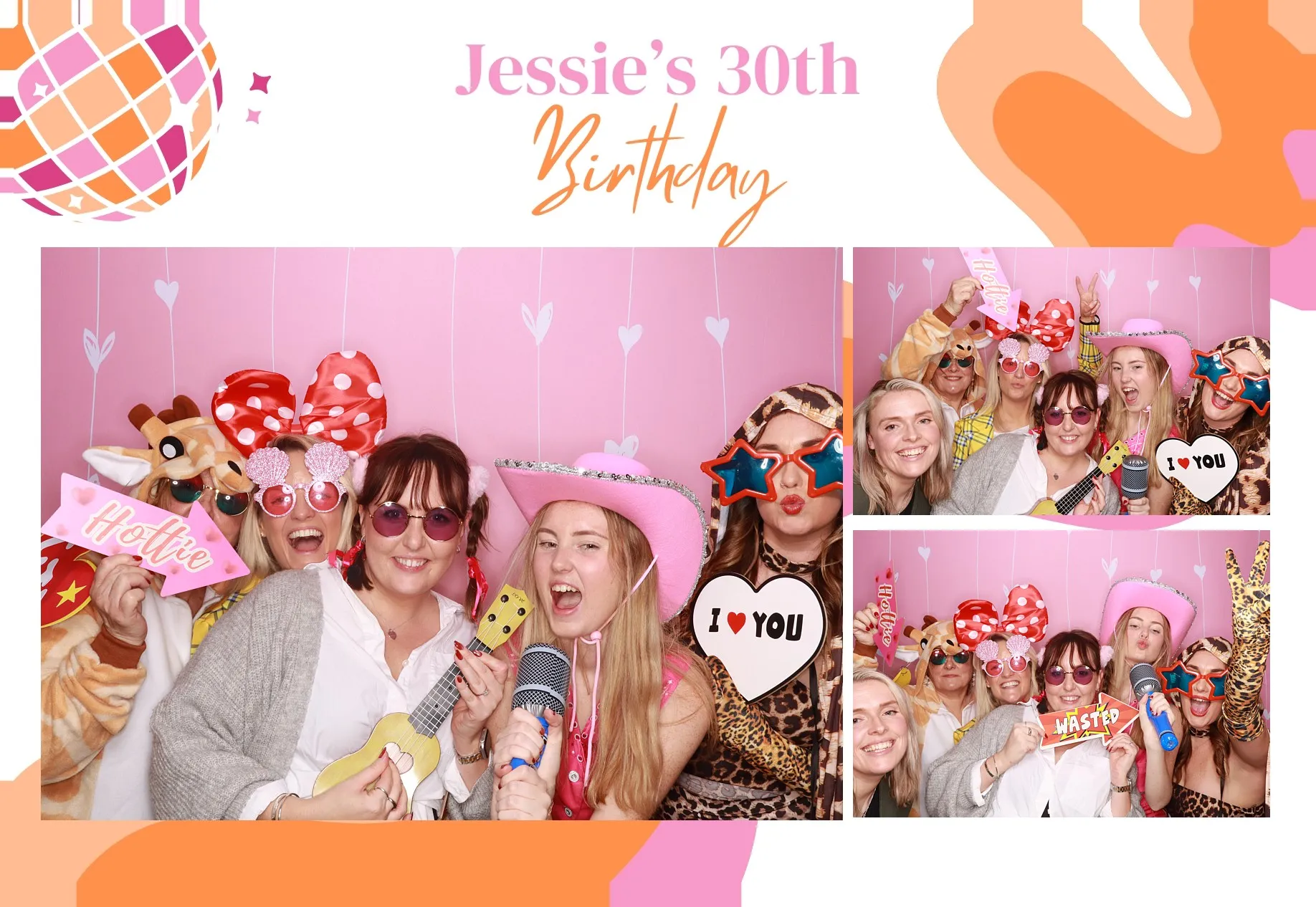 Group of friends celebrating Jessie's 30th Birthday with vibrant props, pink backdrop, and playful poses.
